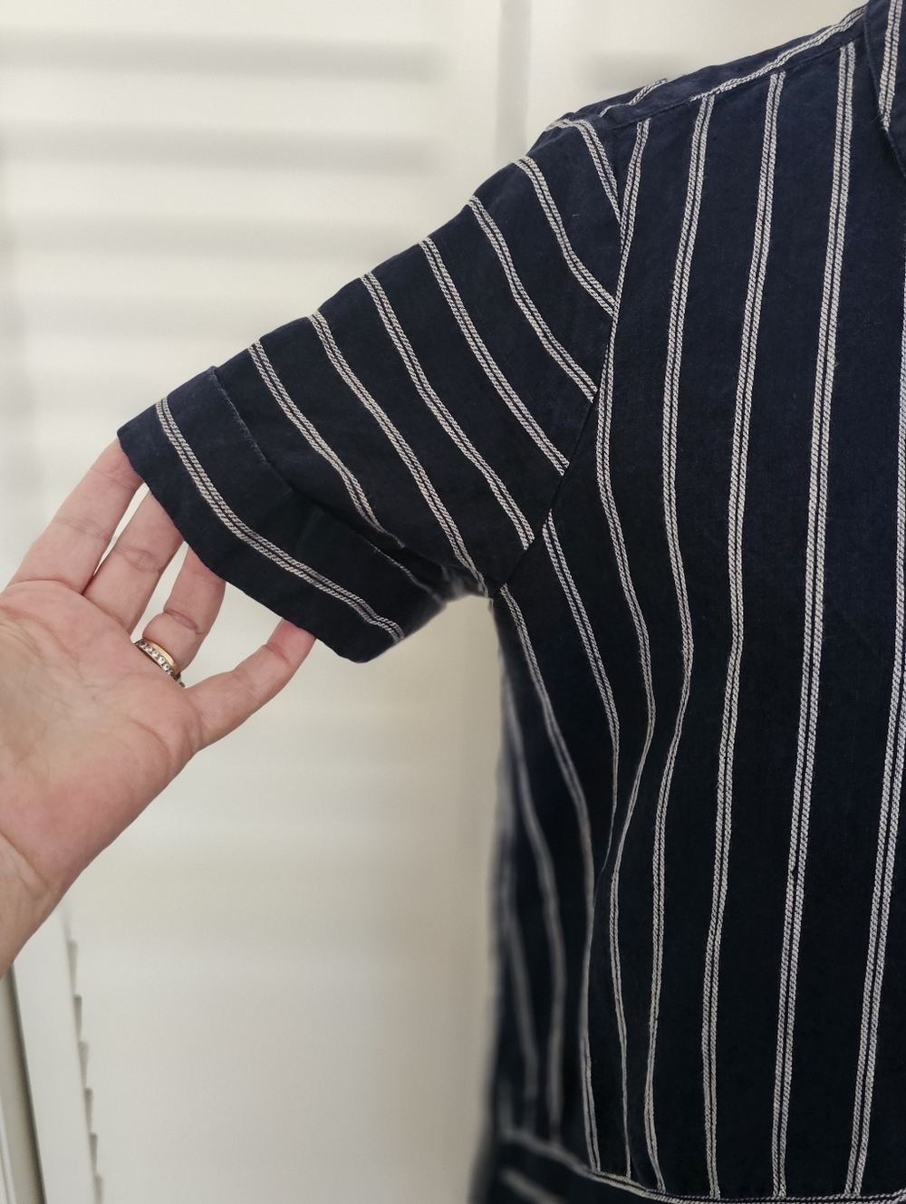 J Jill Love Linen Dress Size S Navy White Stripe Button Front V Neck Loose Fit - Picture 7 of 12